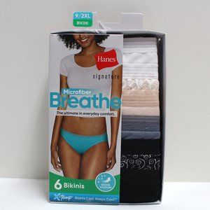 6 Pair Size 9/2XL Women's Hanes Signature Bikinis - Different Colors Solid/Print